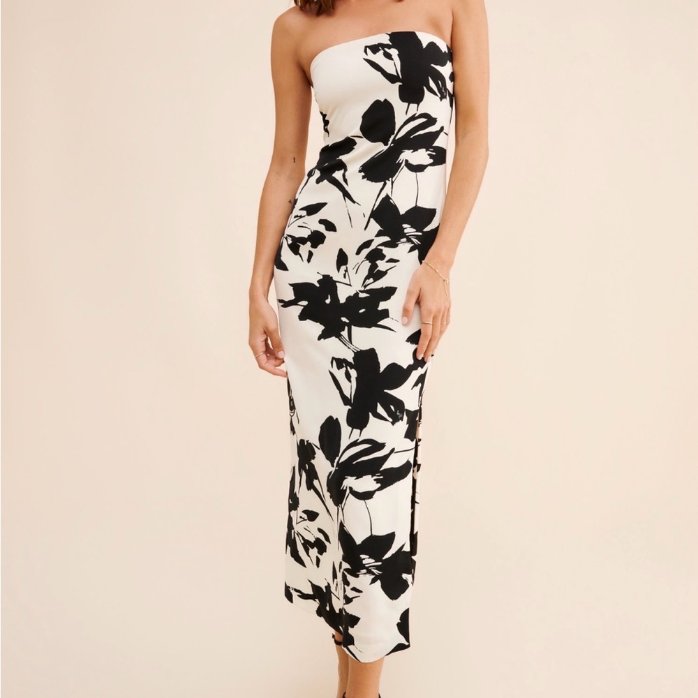 Endless Rose Strapless Black & White Floral Midi Dress